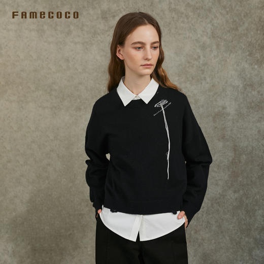 Famecoco范可儿短款圆领套头毛衫休闲高级手工绣花FAC6DB012 商品图3