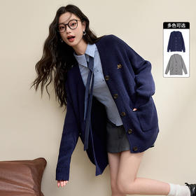 西遇学院风针织衫开衫女新款宝蓝色宽松慵懒风毛衣外套D3642439