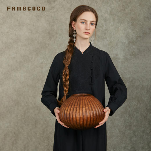 Famecoco范可儿旗袍领新中式刺绣连衣裙直筒A字长裙FAC6FA008 商品图4