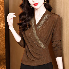 雀说亮丝网纱烫钻打底衫新款时尚洋气百搭交叉V领长袖小衫AL2827