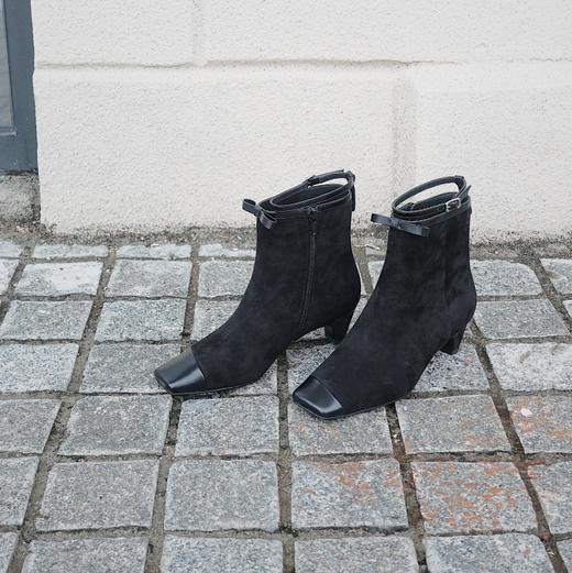 BIUCILI 「莫妮卡」原创设计蝴蝶结法式绒面方头中跟裸靴短靴 商品图1