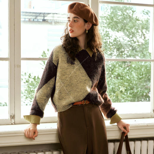 OLrain欧芮儿菱格纹毛衣女秋季2024年新款慵懒风设计感套头上衣 商品图2