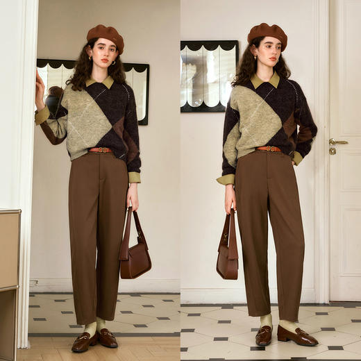 OLrain欧芮儿菱格纹毛衣女秋季2024年新款慵懒风设计感套头上衣 商品图0