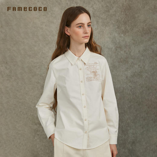 Famecoco范可儿长袖棉胺衬衫基础百搭刺绣气质衬衣FAC6BH003 商品图3