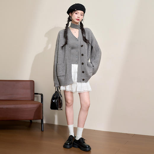 西遇学院风针织衫开衫女新款宝蓝色宽松慵懒风毛衣外套D3642439 商品图1