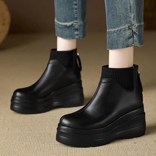 【预售5天】厚底马丁靴高跟加绒松糕鞋，时尚新款真皮坡跟短靴MQE&G82-19 商品图0