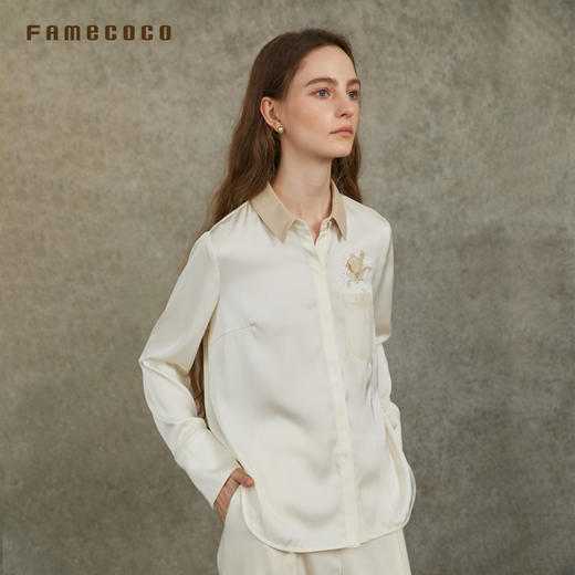 Famecoco范可儿缎面衬衫定制高雅印花简约日常通勤FAC6BH006 商品图1
