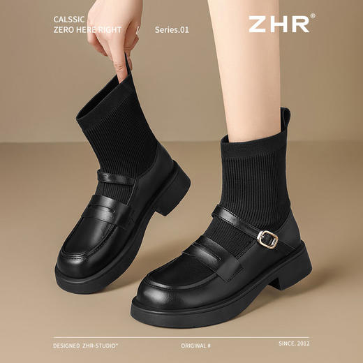 ZHR则则粗跟袜靴2024新款秋冬时尚舒适短靴弹力靴学院百搭乐福鞋 商品图0