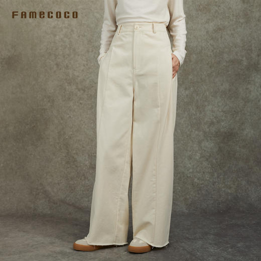 Famecoco范可儿洗水棉休闲直筒裤时髦毛边宽松长裤FAC6GA001 商品图1