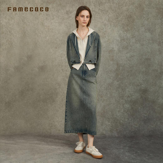 Famecoco范可儿复古牛仔套装V领短外套A字裙两件套FAC6EA003 商品图3