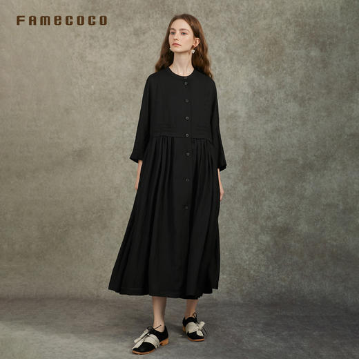 Famecoco范可儿天丝棉圆领长袖连衣裙文艺通勤长裙FAC6FA003 商品图4