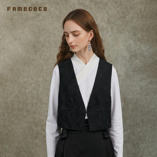 Famecoco范可儿V领短款棉麻马甲新中式文艺立体提花FAC6CA001 商品图3