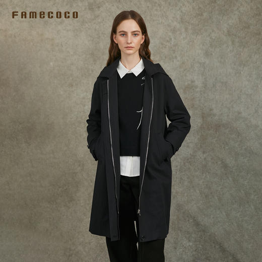 Famecoco范可儿休闲宽松风衣外套长款连帽可拆卸FAC6AA001 商品图4