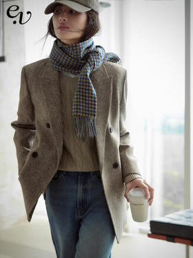 Even Vintage|复古腔调 品质绵羊毛花呢宽肩廓形氛围感西装外套女