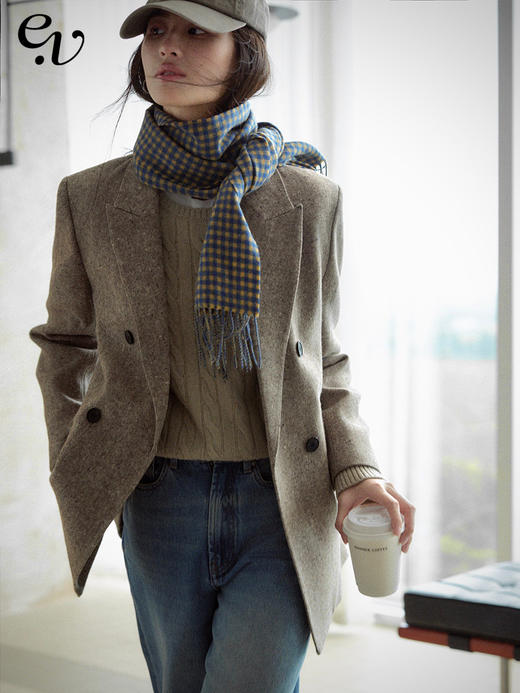 Even Vintage|复古腔调 品质绵羊毛花呢宽肩廓形氛围感西装外套女 商品图0