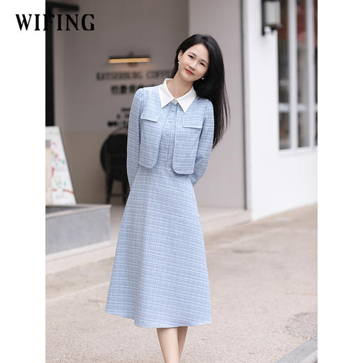 未风蓝色小香风假两件连衣裙女2024秋季新款气质长裙早秋显瘦裙子 商品图3