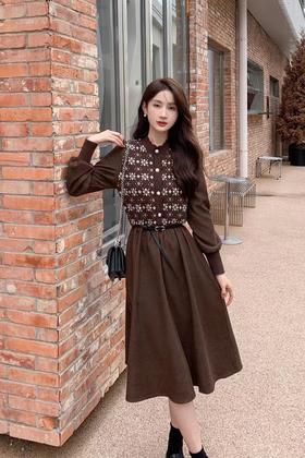 Le Malene 复古棕色针织拼接收腰连衣裙 17502【不含腰带】