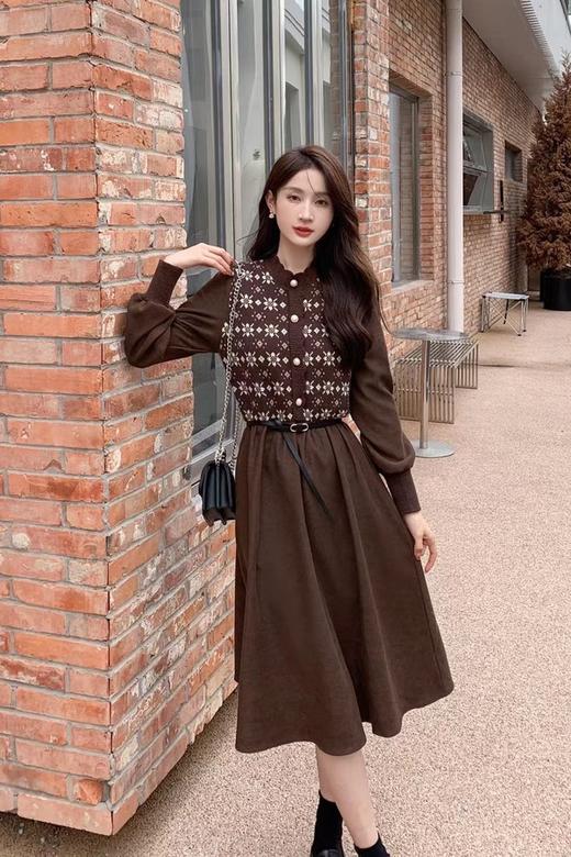 Le Malene 复古棕色针织拼接收腰连衣裙 17502【不含腰带】 商品图0