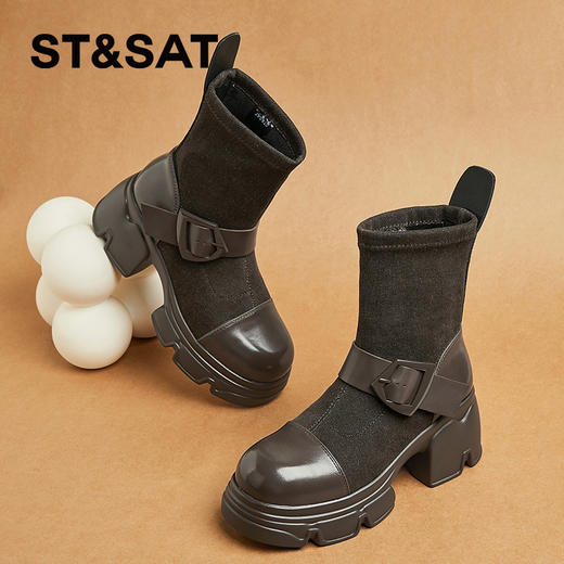 星期六时尚扣带弹力拼接厚底增高加绒瘦瘦靴SSC4118E87 商品图0