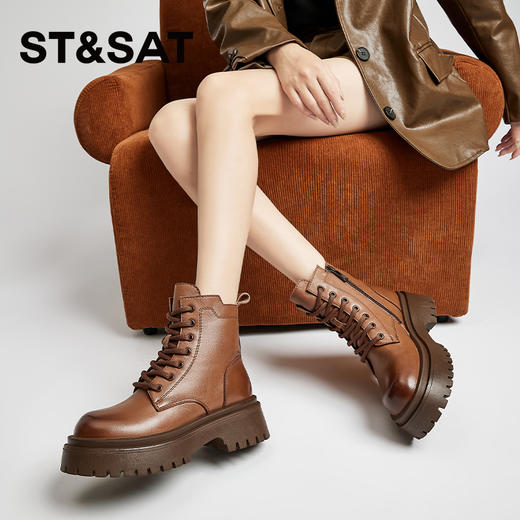 星期六复古擦色鞋头百搭绒里厚底马丁靴SS341181FH 商品图6