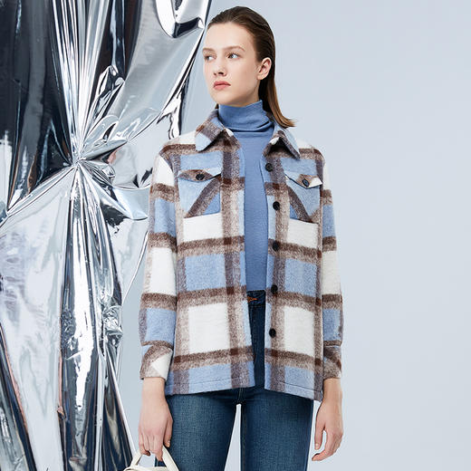 EITIE爱特爱冬季新款复古翻领撞色毛呢格子大衣外套7614330 商品图3