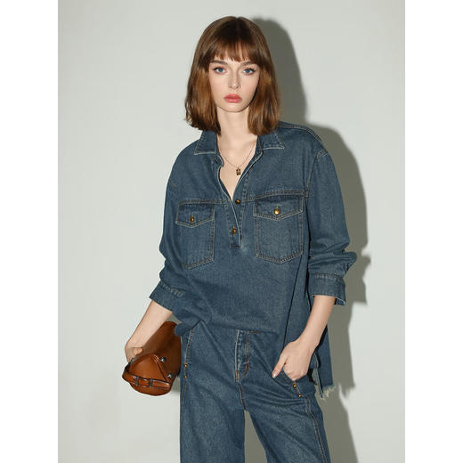 【限时秒杀】COCOBELLA环保水洗手工毛边原色牛仔衬衫金扣内搭衬衣DN3005 商品图2