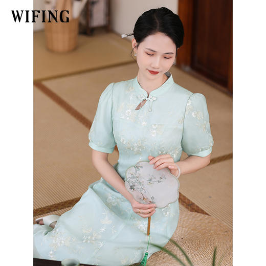 未风绿色新中式国风连衣裙女2024年新款夏季女装气质网纱绣花裙子 商品图1