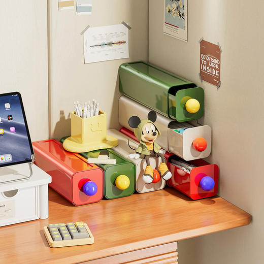 【圆球把手，抽拉顺畅不卡顿】多巴胺桌面收纳盒 宿舍桌上壁挂抽屉式 防尘文具整理收纳神器-QQ 商品图1