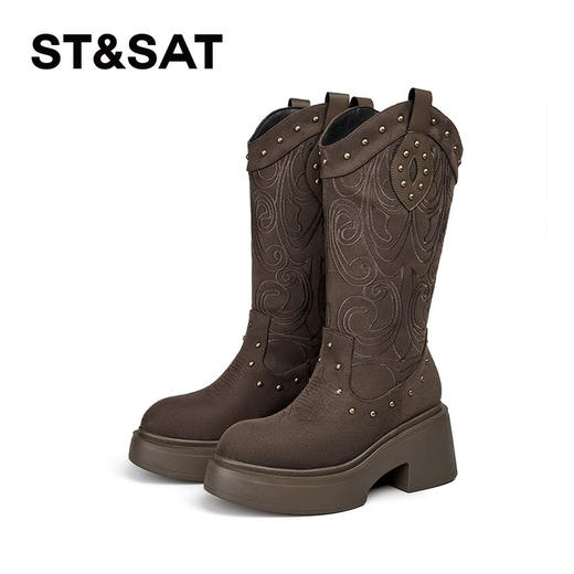 星期六复古民族风西部牛仔粗跟长靴SSC4116E4N 商品图9
