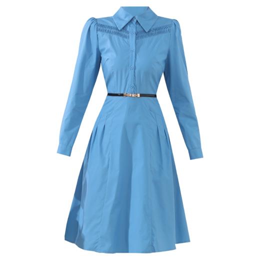 勿忘花蓝色纯棉气质小个子连衣裙女2024秋装新款衬衫收腰显瘦裙子 商品图4