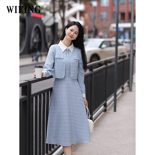 未风蓝色小香风假两件连衣裙女2024秋季新款气质长裙早秋显瘦裙子 商品图2