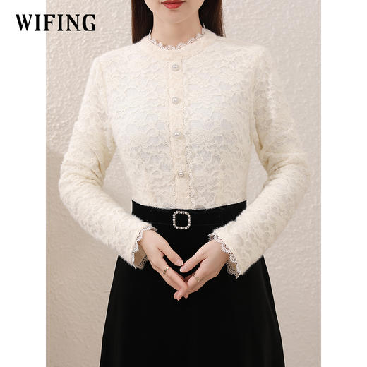 未风丝绒连衣裙女冬2025冬季新款女装气质假两件长袖打底蕾丝裙子 商品图3