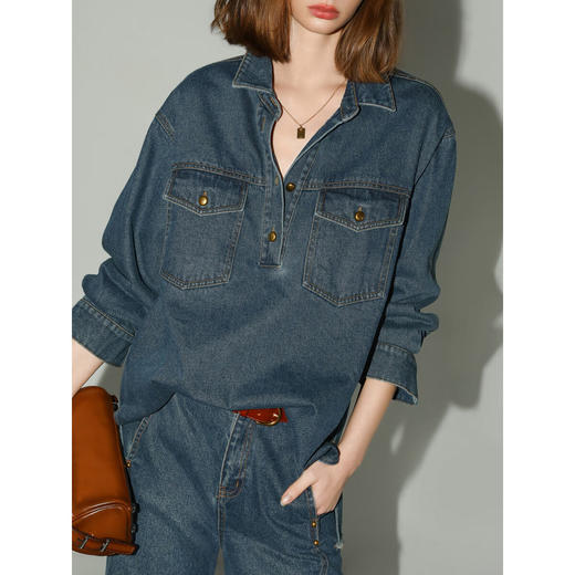 【限时秒杀】COCOBELLA环保水洗手工毛边原色牛仔衬衫金扣内搭衬衣DN3005 商品图1