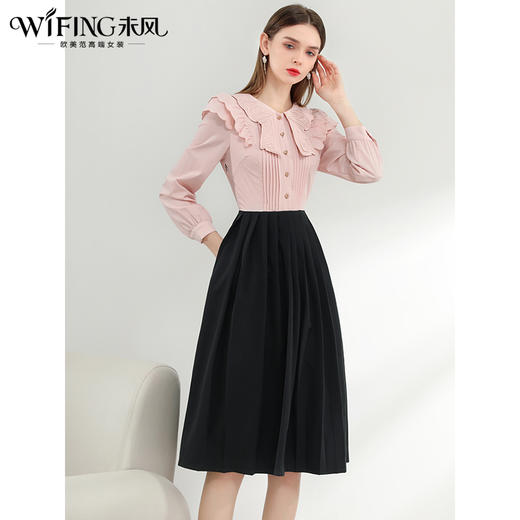 未风娃娃领长袖连衣裙春季新款女装气质假两件减龄裙子 商品图2