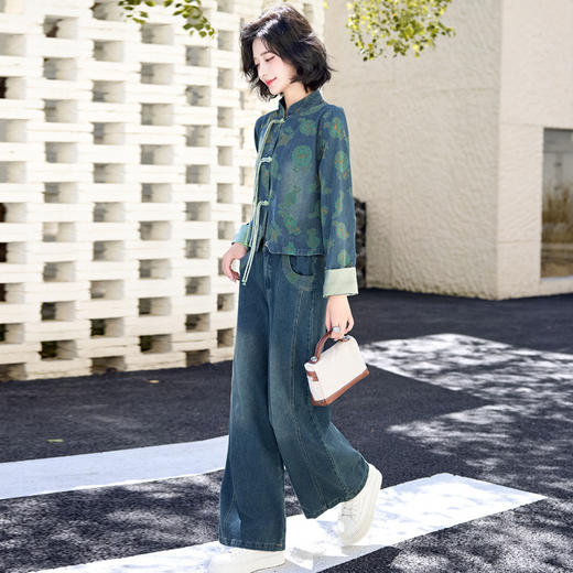 新中式复古盘扣，牛仔衬衫阔腿裤两件套XPH9886 商品图1