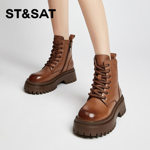 星期六复古擦色鞋头百搭绒里厚底马丁靴SS341181FH 商品图7