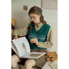 SimpleRetro雪花酥 复古菱格v领针织衫马甲女冬叠穿外搭无袖毛衣