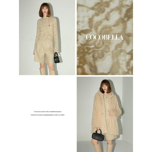 COCOBELLA精致女人味亮片植绒蕾丝衫半高领优雅打底衫LC7027 商品图1