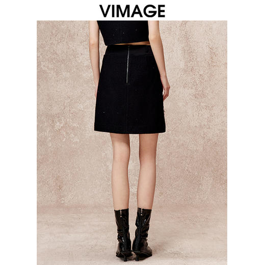 VIMAGE纬漫纪时尚钉珠高腰显瘦a字黑色气质毛呢半身裙冬新款V2206822 商品图4