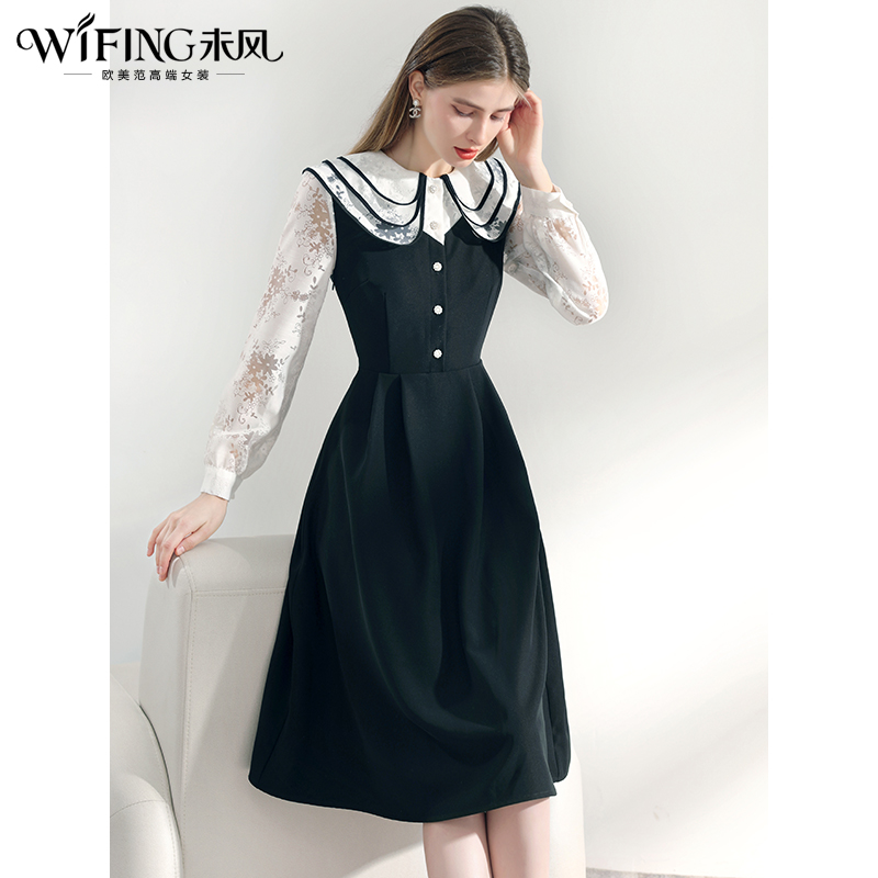 未风黑色娃娃领连衣裙女秋2024年秋装新款气质假两件高腰显瘦裙子
