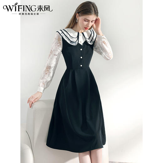 未风黑色娃娃领连衣裙女秋2024年秋装新款气质假两件高腰显瘦裙子 商品图0