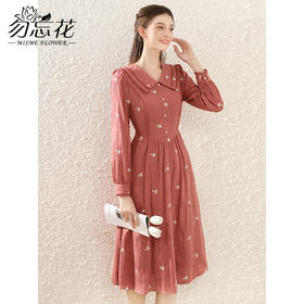 勿忘花红色纯棉碎花复古连衣裙春季新款刺绣气质裙子
