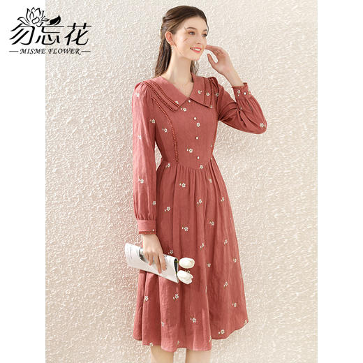 勿忘花红色纯棉碎花复古连衣裙春季新款刺绣气质裙子 商品图0