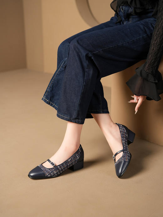 豪麟名鞋进口迪嘉女鞋玛丽珍鞋牛皮革+织物F24373P蓝色 商品图1