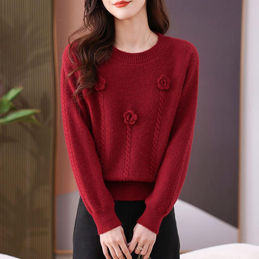 CC-101-56729短款毛衣女2024新款秋冬圆领立体玫瑰花小个子套头针织打底衫上衣 商品图0