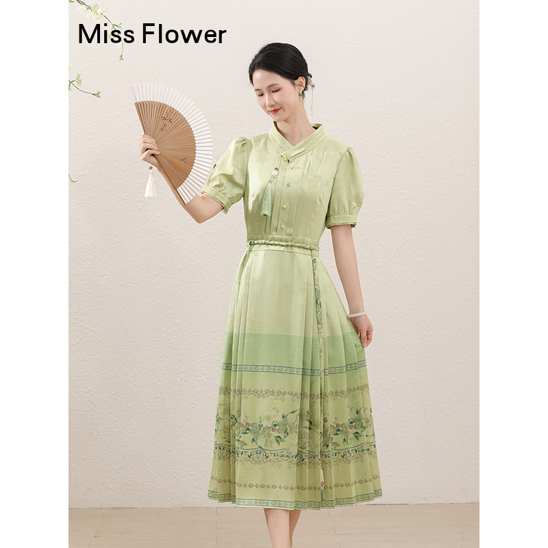勿忘花绿色新中式连衣裙女装2025新款夏款*风马面裙小众设计裙