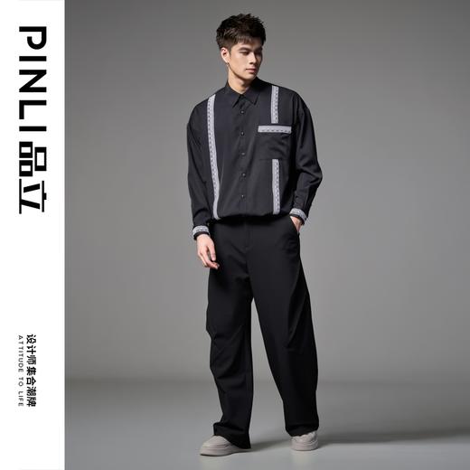 PINLI品立春秋新款男士黑色褶皱直筒裤潮牌百搭时尚休闲长裤B243117102 商品图1