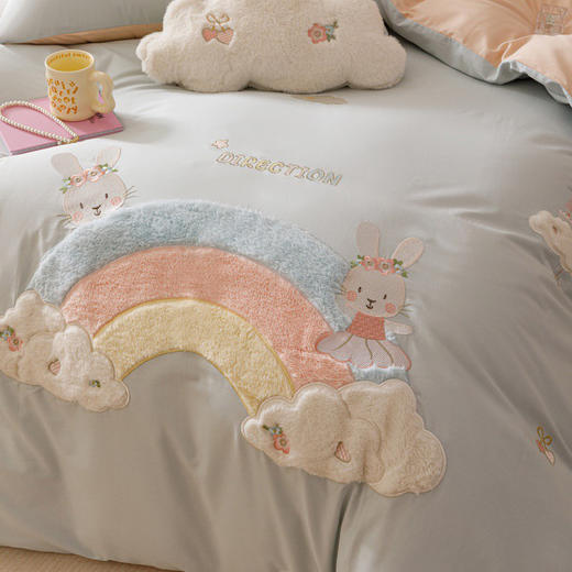 全棉卡通奶油风刺绣彩虹奶兔四件套 四季可用纯棉马卡龙套件 商品图14
