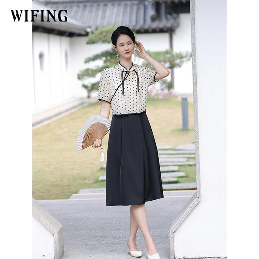 未风黑色圆点新中式连衣裙2025年新款夏季女装气质拼接假两件裙子 商品图1