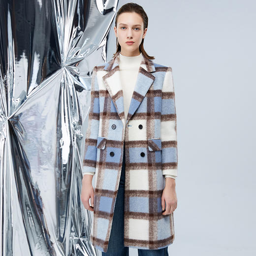 EITIE爱特爱冬季新款复古翻领撞色毛呢格子大衣长款外套7614329 商品图3